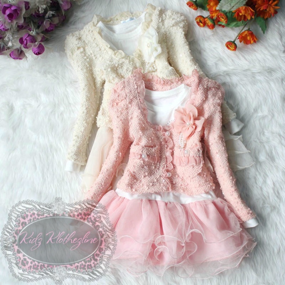 GIRLS DRESS WITH CARDIGAN SET PINK OR IVORY